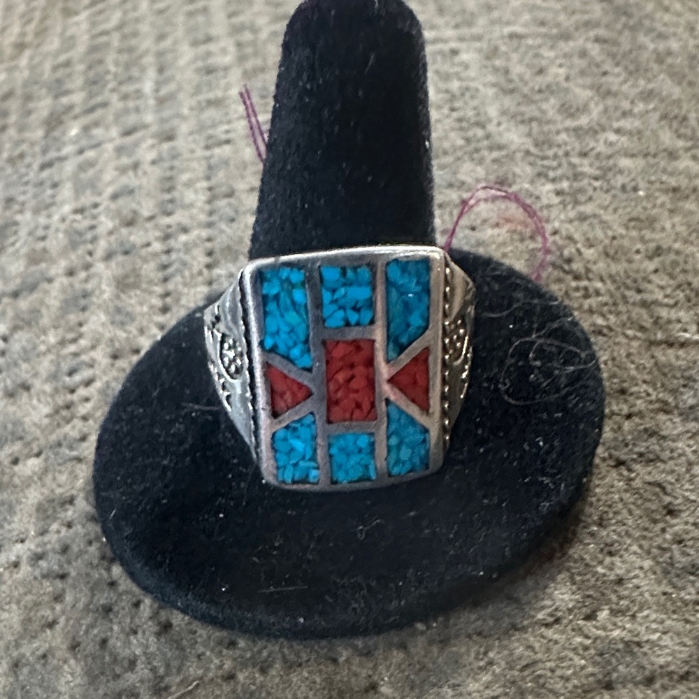 Turquoise & Red Inlay Sterling-Style Ring -
Carolyn Pollack